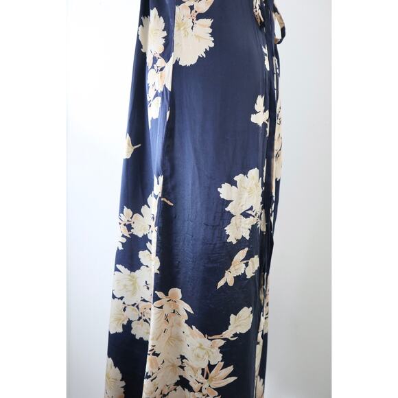 Shun Da Chinese 100% Silk Floral Printed Midi Dress Navy Blue Cream - Picture 6 of 12